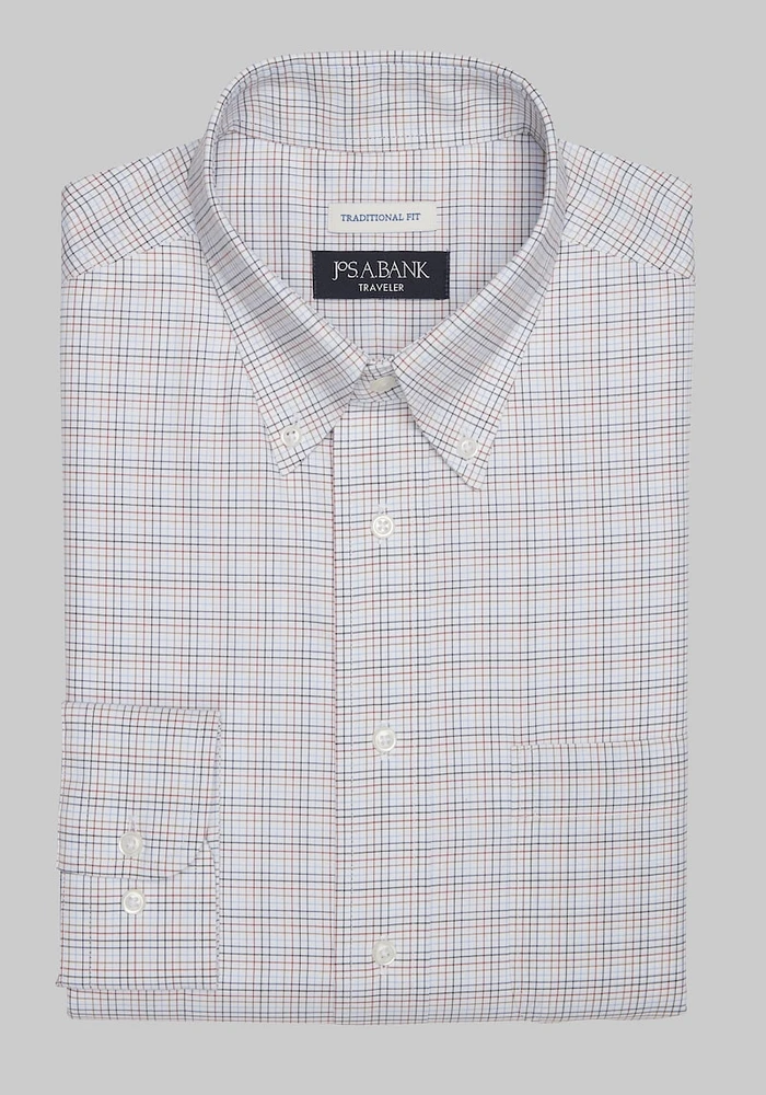 Men's Traveler Collection Traditional Fit Button-Down Collar Multi Check Dress Shirt at Jos. A. Bank, Dark Orange, X