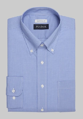 Men's Traditional Fit Button-Down Collar Mini Check Dress Shirt, Blue, 17 1/2 X 36/37