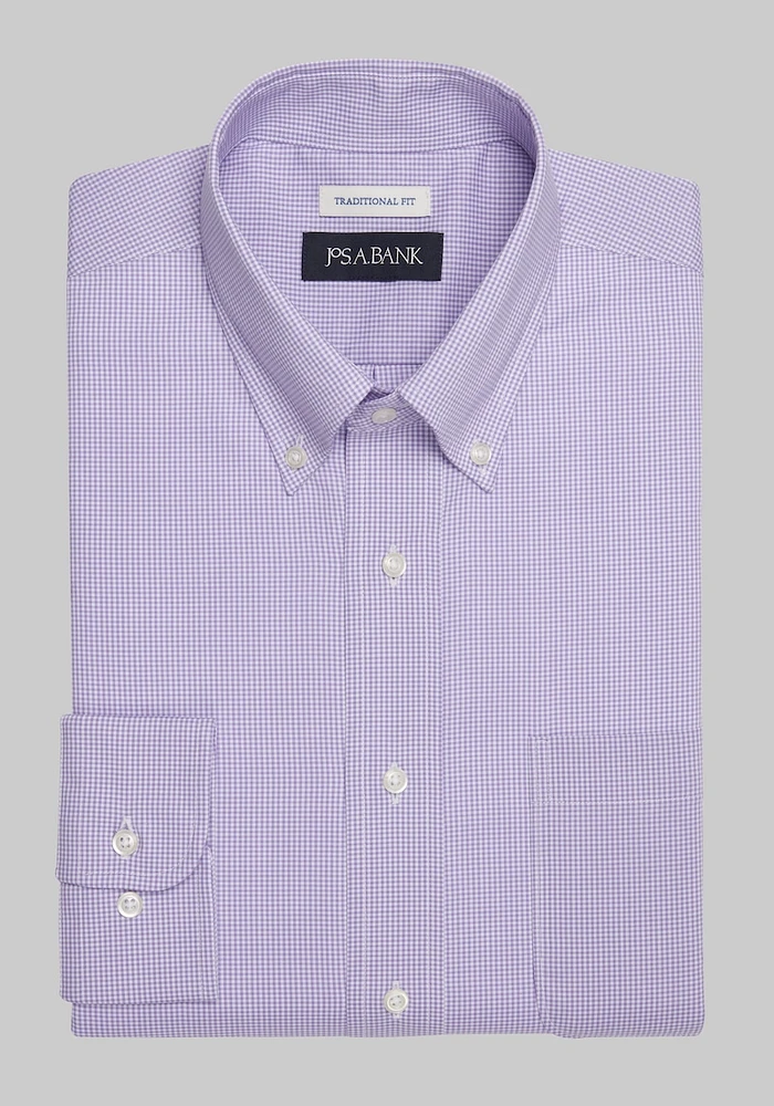 Men's Jos. A. Bank Traditional Fit Button-Down Collar Mini Check Dress Shirt at Bank, Lavender/Purple, X