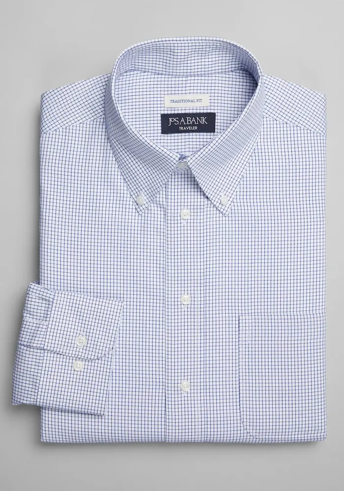 JoS. A. Bank Big & Tall Men's Traveler Collection Traditional Fit Button-Down Collar Grid Dress Shirt , Blue, 18 1/2 36/37