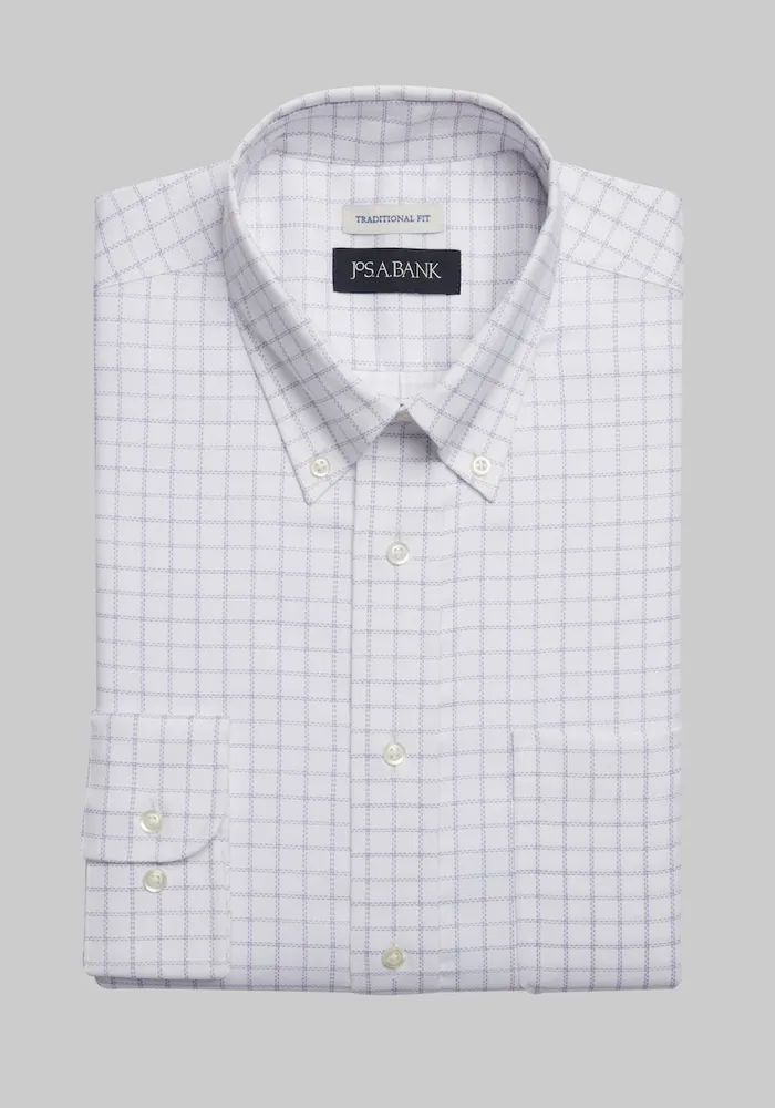 JoS. A. Bank Big & Tall Men's Traditional Fit Button-Down Collar Grid Print Dress Shirt , Lavender, 18 1/2 32/33