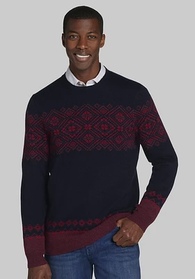 Men's Jos. A. Bank Tailored Fit Fair Isle Crew Neck Sweater at Bank, Blue/Navy/Rhubarb,