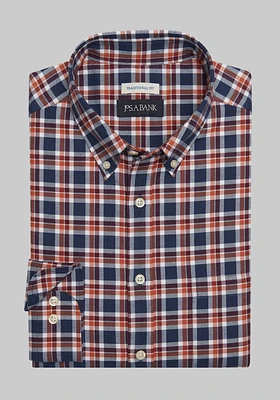 Men's Jos. A Bank Lux Flannel Traditional Fit Long Sleeve Casual Shirt at A. Bank, Dark Orange/Navy,