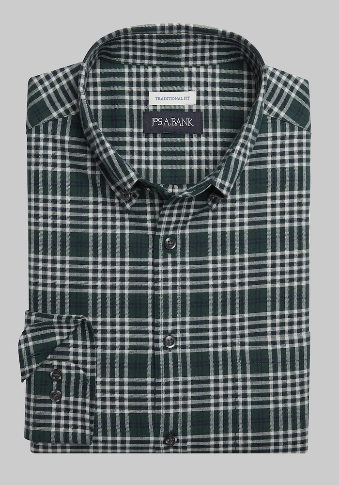 Men's Jos. A Bank Lux Flannel Traditional Fit Long Sleeve Casual Shirt at A. Bank, Dark Green/Ivory,