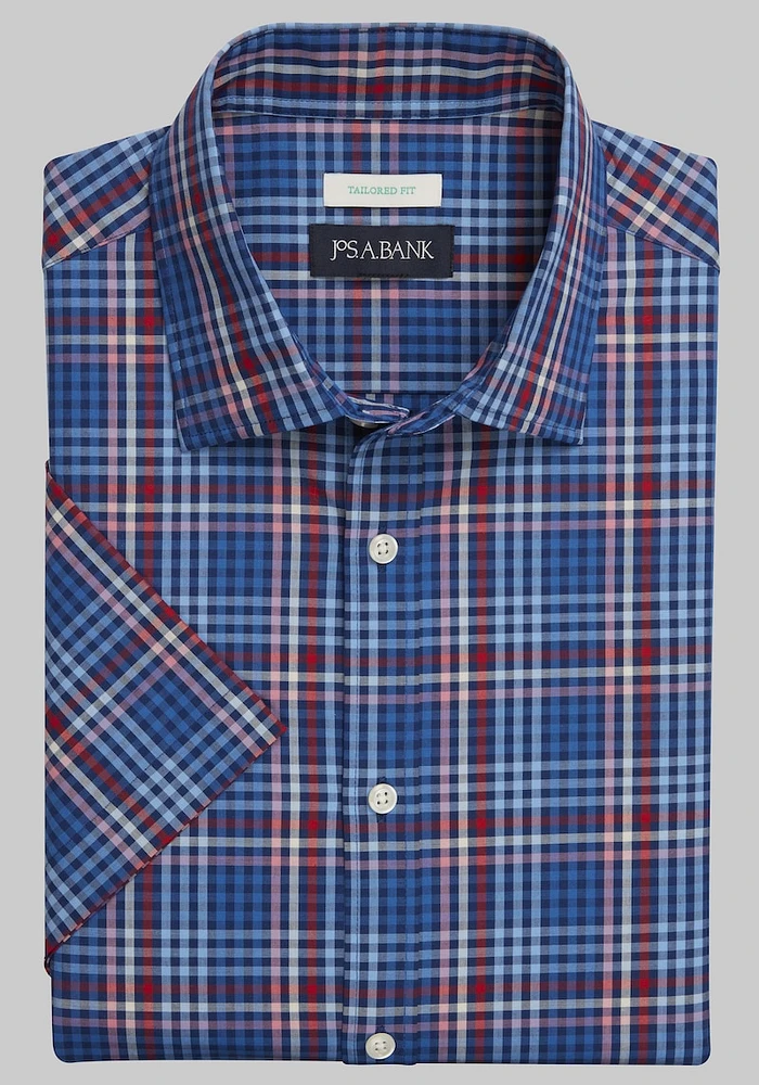 Men's Jos. A. Bank Comfort Stretch Tailored Fit Tonal Plaid Short Sleeve Casual Shirt at Bank, Red Blue Plaid,