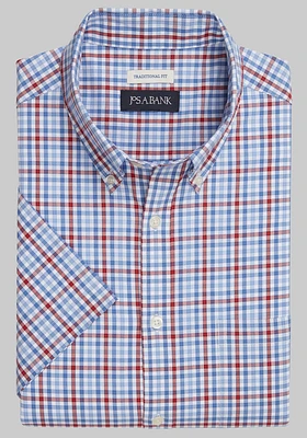 Men's Big & Tall Jos. A. Bank Comfort Stretch Traditional Fit Check Short Sleeve Casual Shirt at Bank, Red Blue Grid,