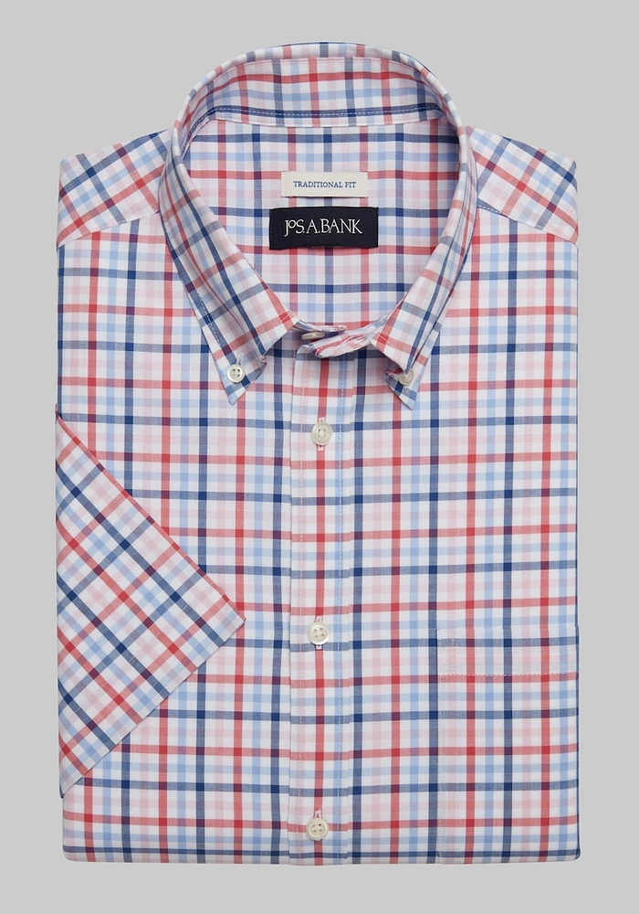 Men's Jos. A. Bank Traditional Fit Gingham Short Sleeve Casual Shirt at Bank, Rouge Red/Blue,