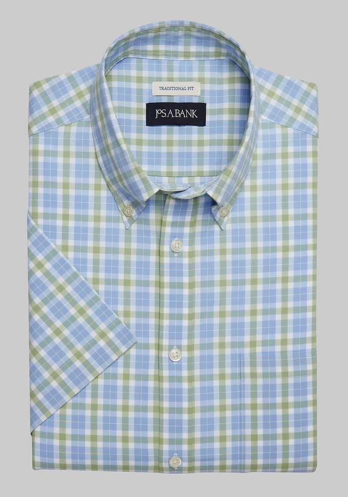 Men's Jos. A. Bank Tailored Fit Block Plaid Short Sleeve Casual Shirt at Bank, Blue/Forest/Green,