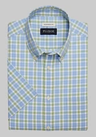 Men's Jos. A. Bank Tailored Fit Block Plaid Short Sleeve Casual Shirt at Bank, Blue/Forest/Green,