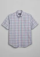 JoS. A. Bank Men's Traditional Fit Button-Down Collar Plaid Short Sleeve Casual Shirt, Coral Pink, Large