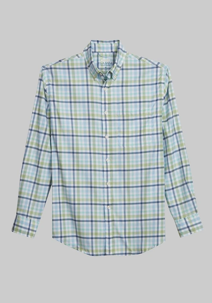 JoS. A. Bank Men's Traveler Motion Tailored Fit Long Sleeve Casual Shirt, Green/Lt Blue, Large