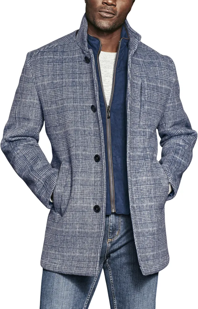 Men's Johnston & Murphy Tailored Fit Plaid Bib Front Car Coat, Navy, Large