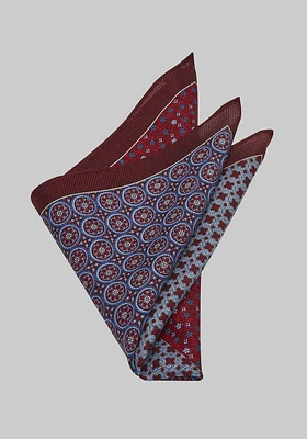 Men's Four Pattern Pocket Square, Burgundy, One Size