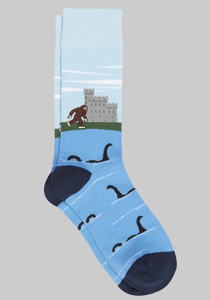 Men's Big Foot & Loch Ness Monster Socks, Cerulean, Mid Calf