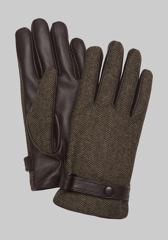 Men's Herringbone & Leather Gloves, Brown, Large