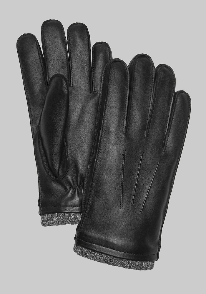 Men's Ribbed Cashmere Cuff Leather Gloves, Black, Large