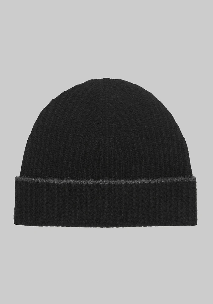 Men's Solid Cashmere Beanie, Black, One Size