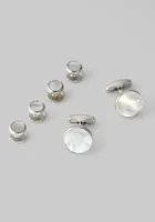 Men's Mother-of-Pearl Cufflink & Stud Set, Metal Silver, Misc