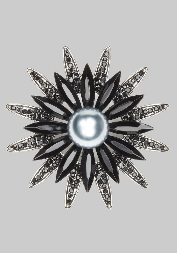 Men's Flower Crystal Lapel Pin, Gunmetal, One Size