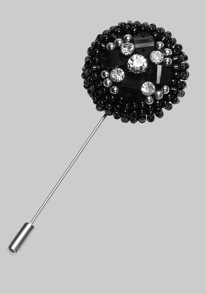 Men's Beaded Flower Stick Lapel Pin, Black, One Size