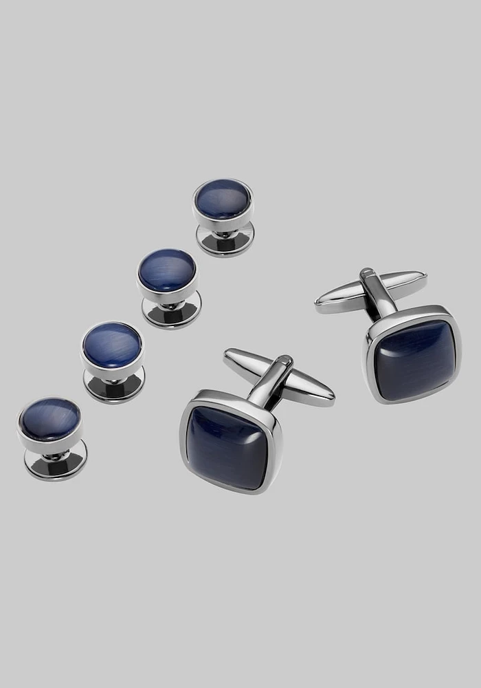 Men's Blue Cufflink & Stud Set, Gunmetal/Blue, One Size