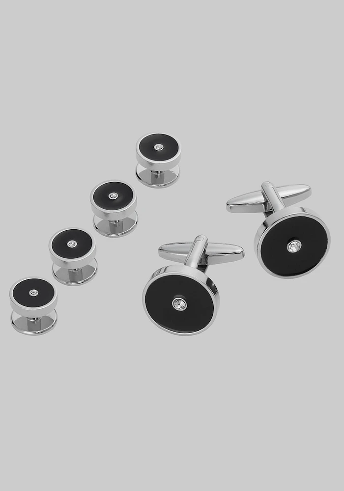 Men's Crystal Cufflink & Stud Set, Silver/Black, One Size