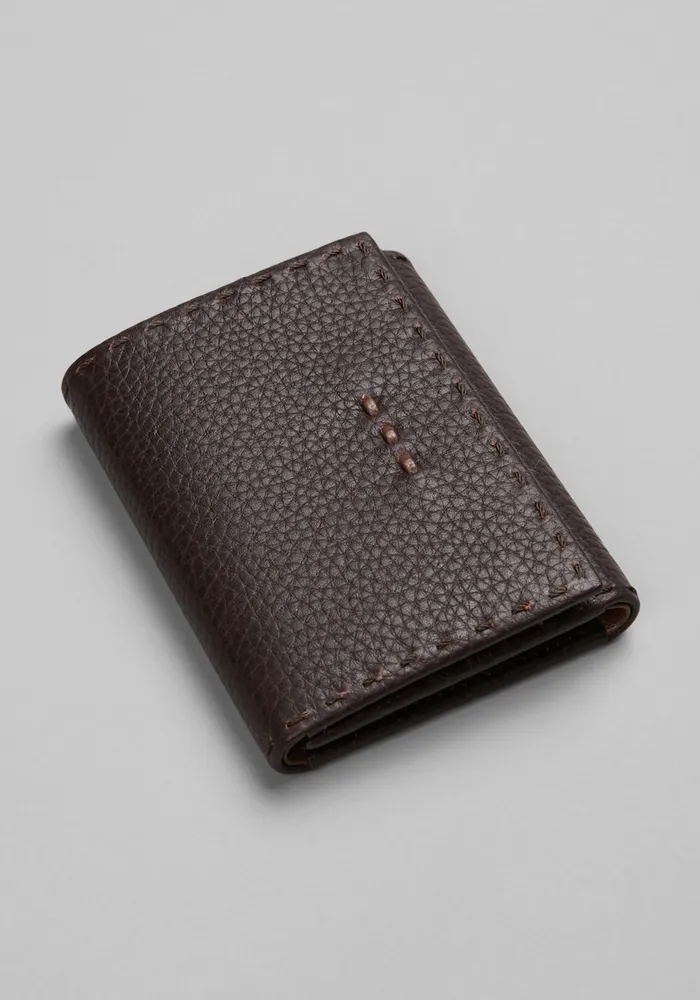 Check and Leather Slim Bifold Wallet in Dark Birch Brown - Men
