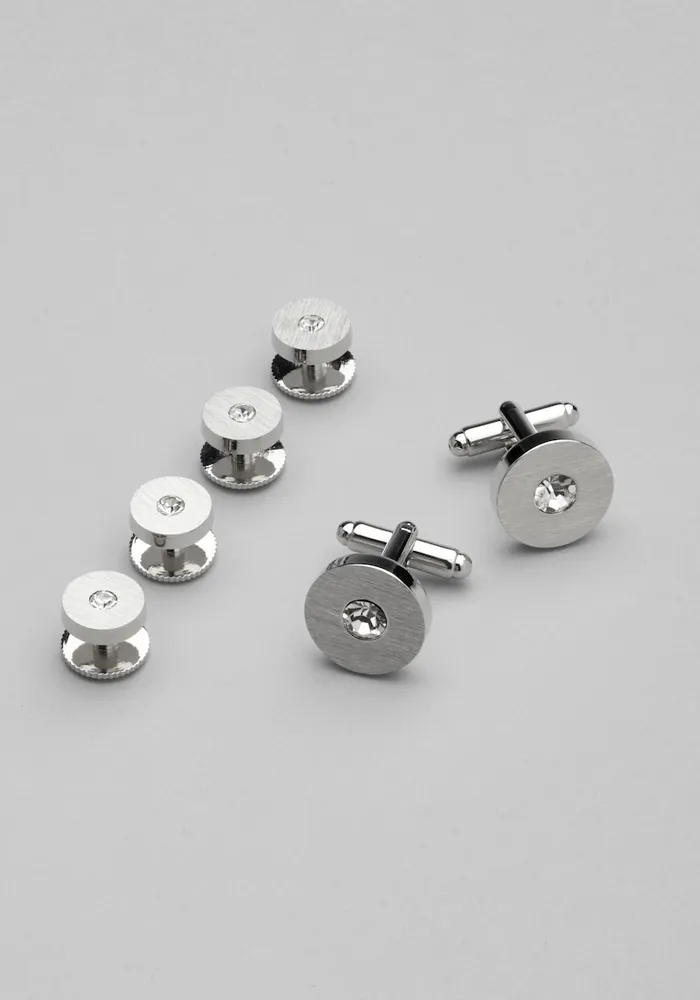 Men's Crystal Formal Cufflink & Stud Set, Metal Silver, One Size