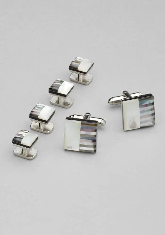 JoS. A. Bank Men's Mother of Pearl Onyx Stud Set, Metal Silver, One Size