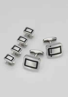 JoS. A. Bank Men's Polished Silver and Black Enamel Cufflink & Stud Set, Metal Silver, One Size