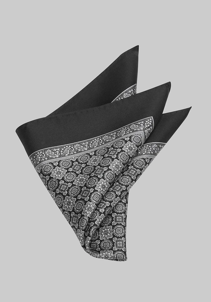 Men's Mini Medallion Pocket Square, Black, One Size