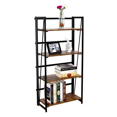 4-tier Folding Bookshelf, No-assembly Metal Frame Bookcase Plant Shelf Corner Rack