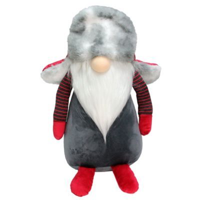 14" Dark Grey Gnome With Red And Grey Fur Trapper Hat Christmas Decoration