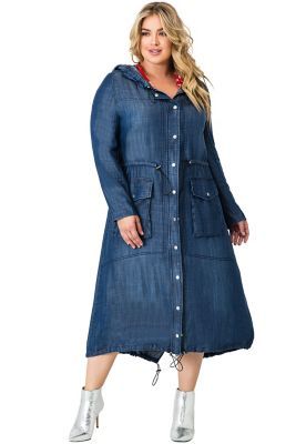 Women's Plus Size Denim Tencel Long Duster Hoodie Dress Coat Long Anorak Jacket