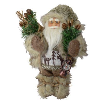 12" Mountain Santa Dressed In Plush Brown Coat And Fur Boots Christmas Figure