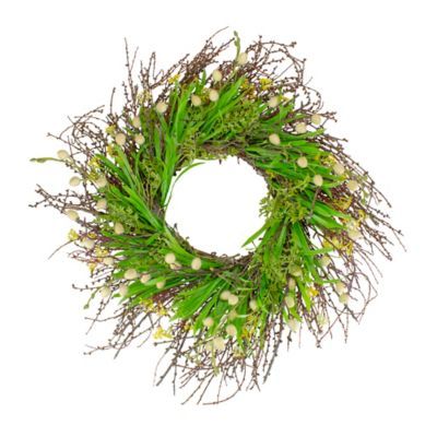 Burrs And Brush Artificial Floral Spring Wreath, Green And Yellow - 18-inch