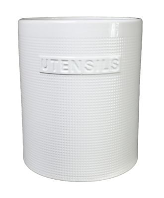 Ceramic Round Utensil Jar With Embossed Utensils Writing, Banded Rim Top