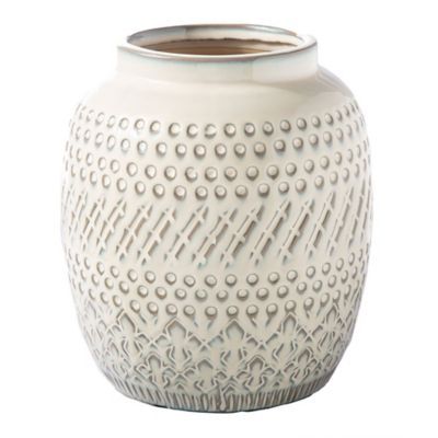 Ceramic Round Vase With Debossed Tribal Stipped Pattern Design Body Sm Gloss Finish White