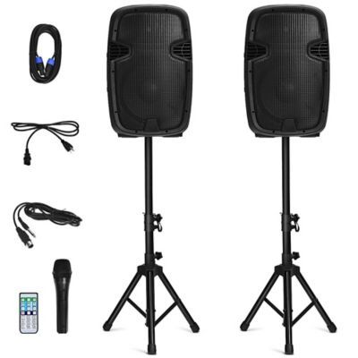 Dual 12" 2-way 2000w Powered Speakers W/ Mic Speaker Stands Cables