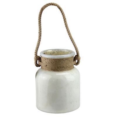 9.5" Antique White And Brown Mercury Glass Hurricane Lantern With Rope