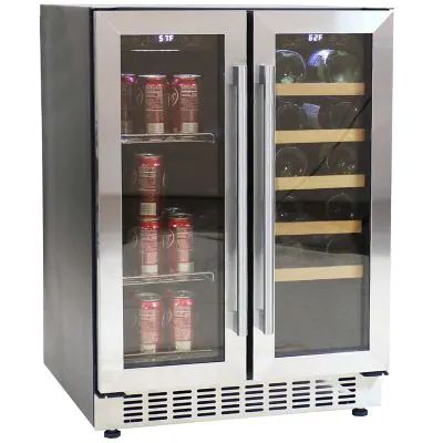 Stainless Steel Dual Zone Beverage Refrigerator With Chromed Wire And Wooden Shelves
