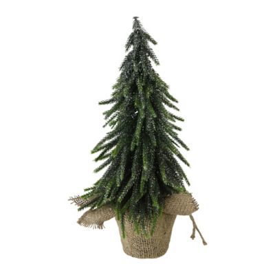 14" Green Glitter Weeping Mini Pine Christmas Tree In Burlap Covered Vase - Unlit