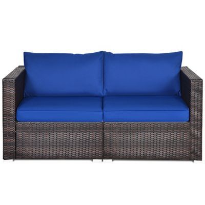 2pcs Patio Rattan Corner Sofa Sectional Furniture Navy Cushion