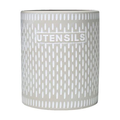 Terracotta Round Utensil Jar With Embossed Utensils Writing And Vertical Cut Off Line Pattern Design Body Washed Finish Gray
