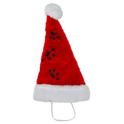 20" Red Plush Pet Santa Hat With Black Paw Prints And White Brim Cuff And Pom