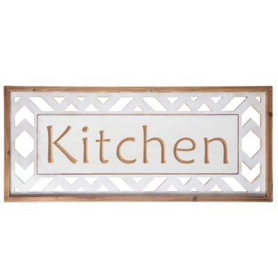 Wood Rectangle Wall Art With Carved Writing "kitchen" And Side Cutout Shapes Design Painted Finish White