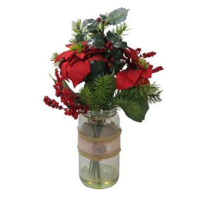 16.5" Red Poinsettia, Holly And Pine Artificial Christmas Floral Arrangements With Glass Vase
