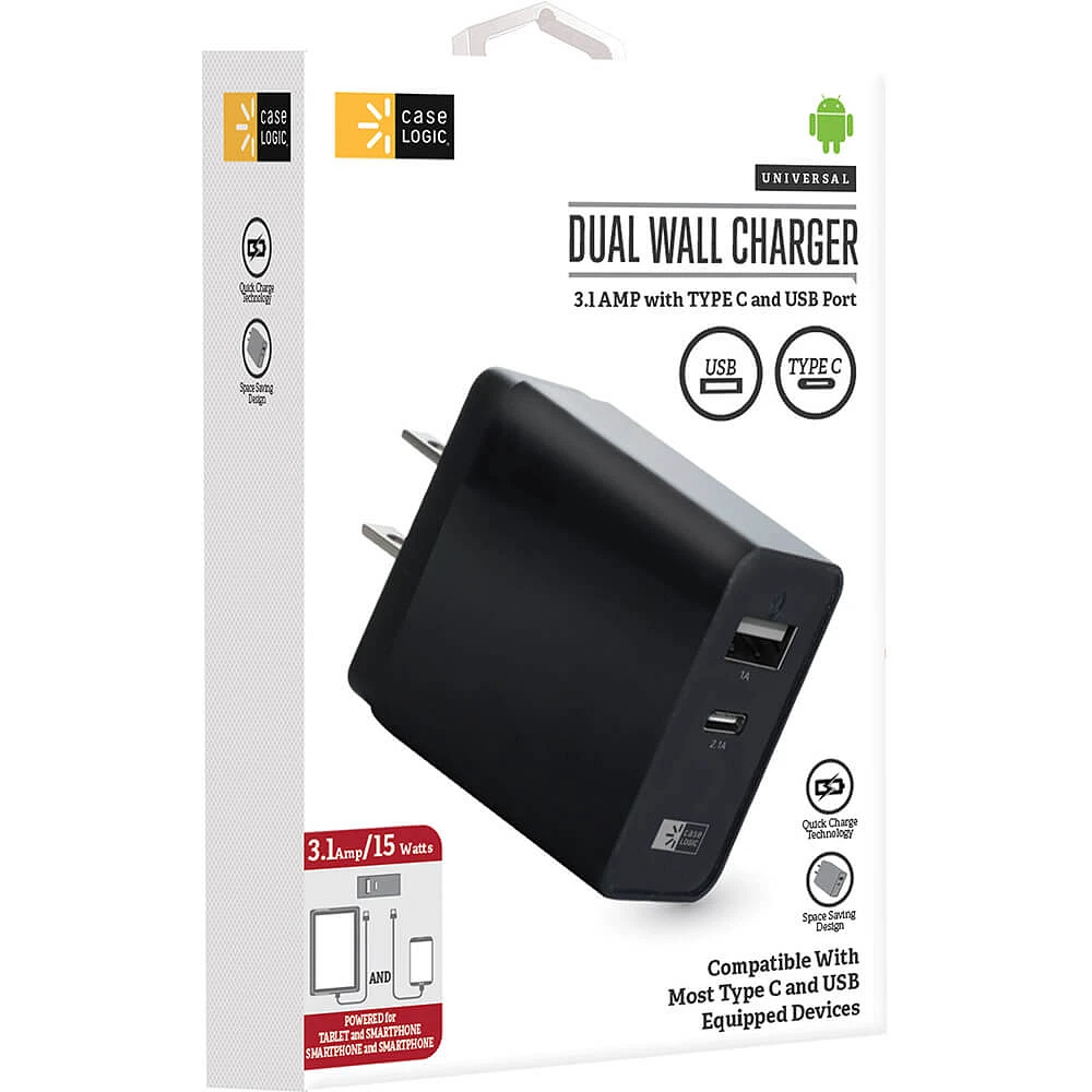 3.1A Dual USB Type-A and USB Type-C Wall Charger | Electronic Express