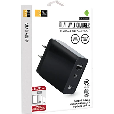 3.1A Dual USB Type-A and USB Type-C Wall Charger | Electronic Express
