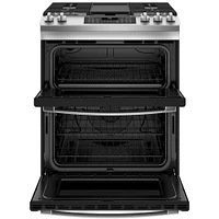 GE 6.7 Cu. Ft. Stainless Slide-In Front Control Gas Double Oven Range | Electronic Express